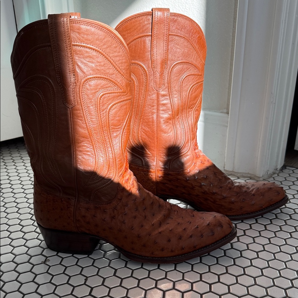 Tecovas Men's Two-Tone ostrich Brown Leather Cowboy Boots 12EE